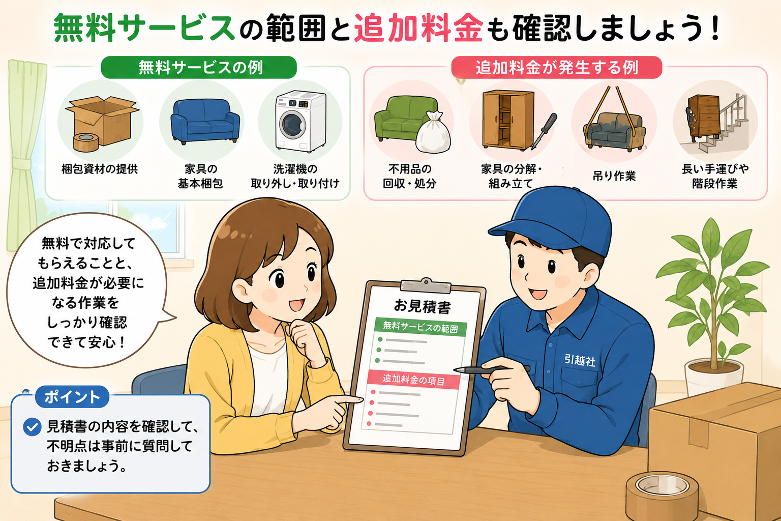 無料サービスと追加料金が発生しやすい作業