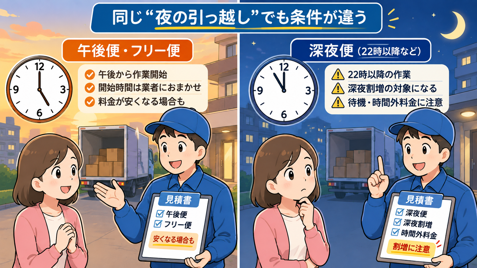 午後便・フリー便と深夜引越しの違い